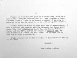 David Atlee Phillips letter to Vincent Bugliosi letter 2